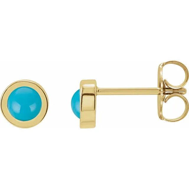 14K Yellow Gold Cabochon Natural Turquoise Bezel-Set Solitaire Earrings