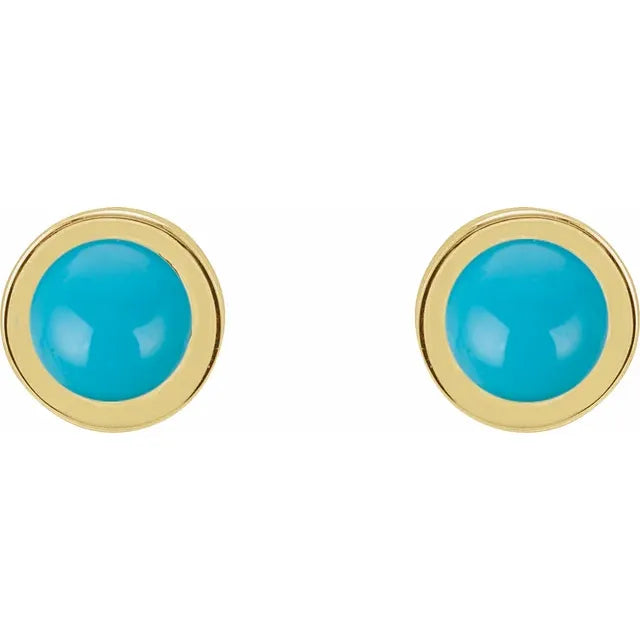 Cabochon Natural Turquoise Bezel-Set Solitaire Earrings Set in yellow gold