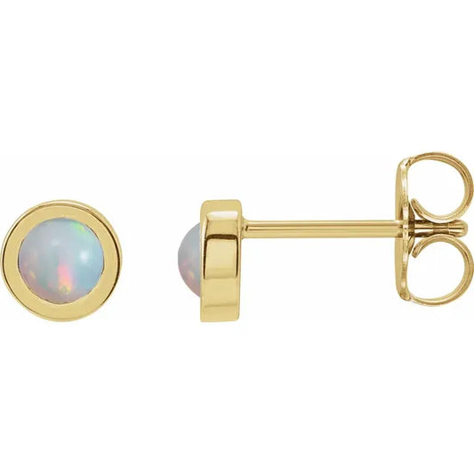 14K Yellow Gold 4 MM Cabochon Natural White Opal Bezel-Set Solitaire Earrings