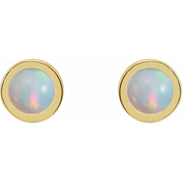 4 MM Cabochon Natural White Opal Bezel-Set Solitaire Earrings Set in Yellow Gold