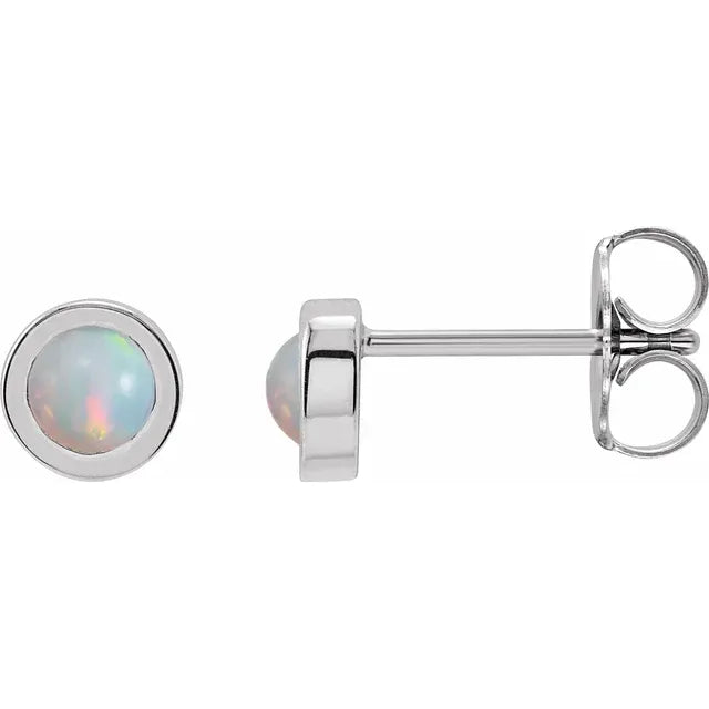 14K White gold 4 MM Cabochon Natural White Opal Bezel-Set Solitaire Earrings