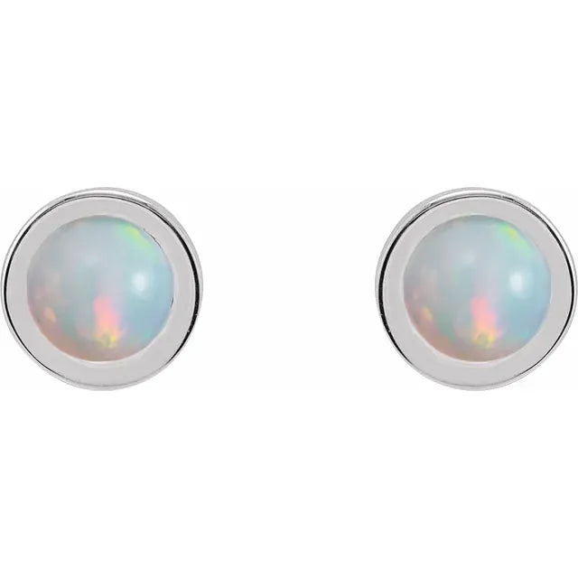 4 MM Cabochon Natural White Opal Bezel-Set Solitaire Earrings Set in white gold or platinum