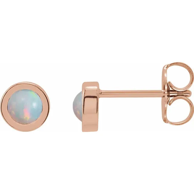 14K Rose Gold 4 MM Cabochon Natural White Opal Bezel-Set Solitaire Earrings