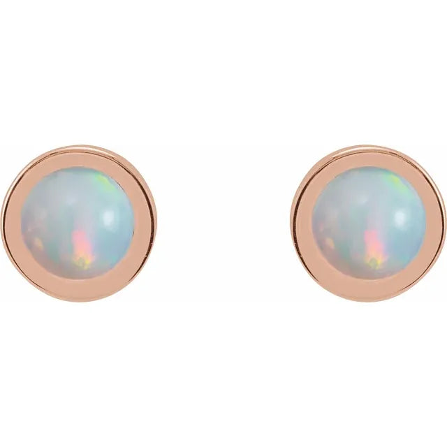 4 MM Cabochon Natural White Opal Bezel-Set Solitaire Earrings Set in Rose gold