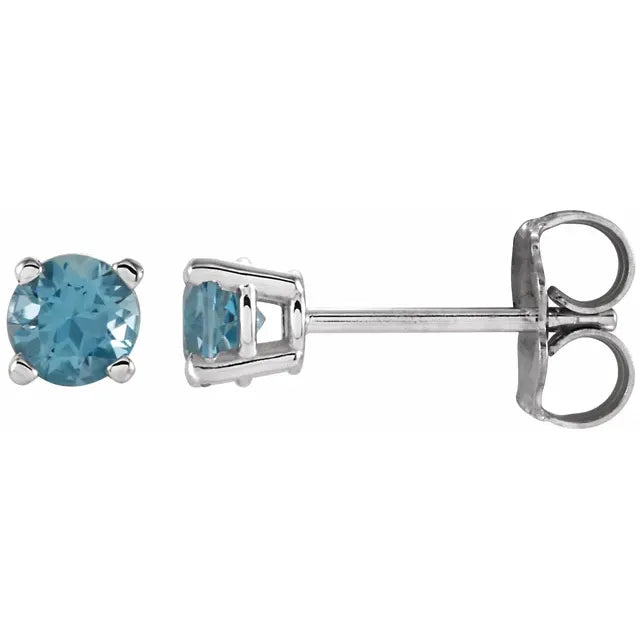 14K White gold 4 mm Natural Swiss Blue Topaz Stud Earrings