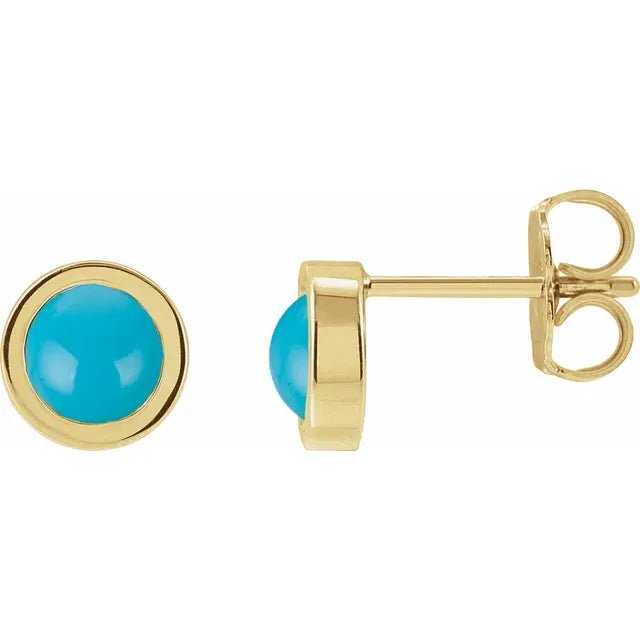 14K Yellow Gold 5 MM Cabochon Natural Turquoise Bezel-Set Solitaire Earrings