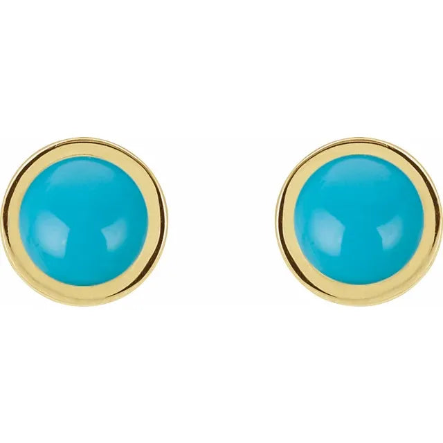 Yellow Gold 5 MM Cabochon Natural Turquoise Bezel-Set Solitaire Earrings