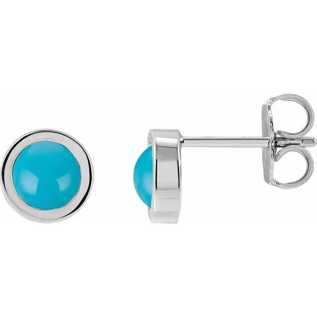 14K White Gold 5 MM Cabochon Natural Turquoise Bezel-Set Solitaire Earrings