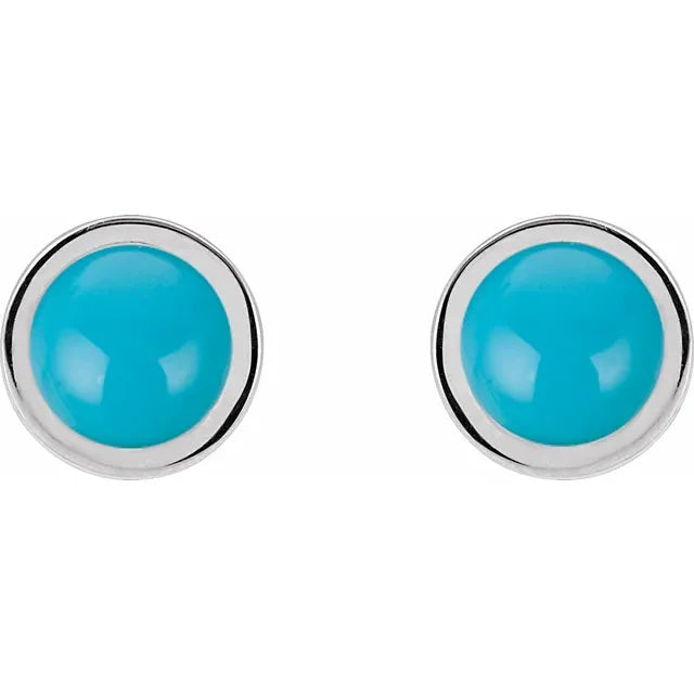 5 MM Cabochon Natural Turquoise Bezel-Set Solitaire Earrings set in white gold or platinum