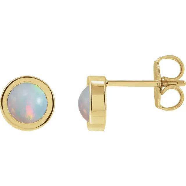 14K Yellow Gold 5 MM Cabochon Natural White Opal Bezel-Set Solitaire Earrings