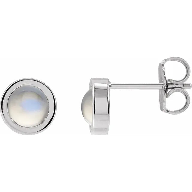 5 MM Moonstone Bezel-Set Solitaire Earrings Set in white gold or platinum