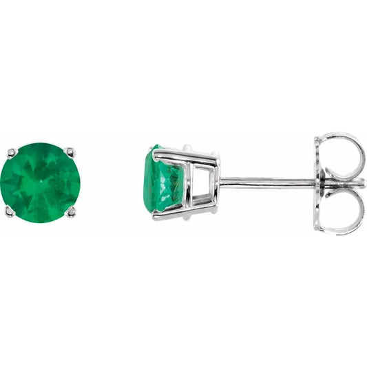 14K White gold 5 mm Natural Emerald Stud Earrings