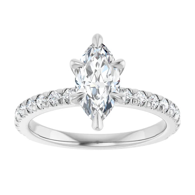 1 CT French Set Marquise accented Band Diamond Engagement Ring Set in white gold or platinum