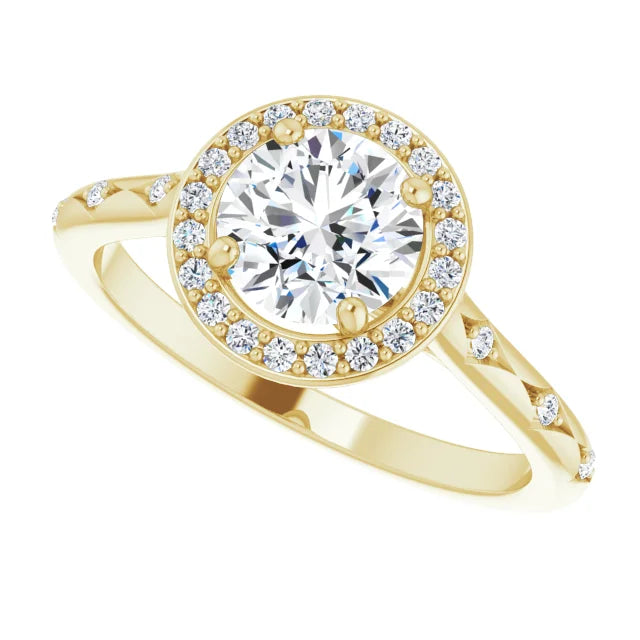 Vintage-inspired round diamond halo engagement ring with petal-accented shank set in 14K Yellow Gold