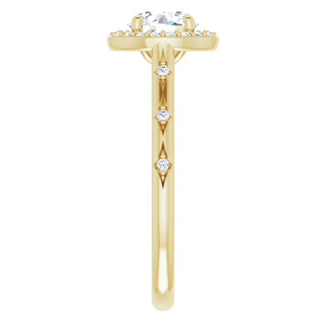 Vintage-inspired round diamond halo engagement ring with petal-accented shank in Yellow Gold showing diamonds on the Shank