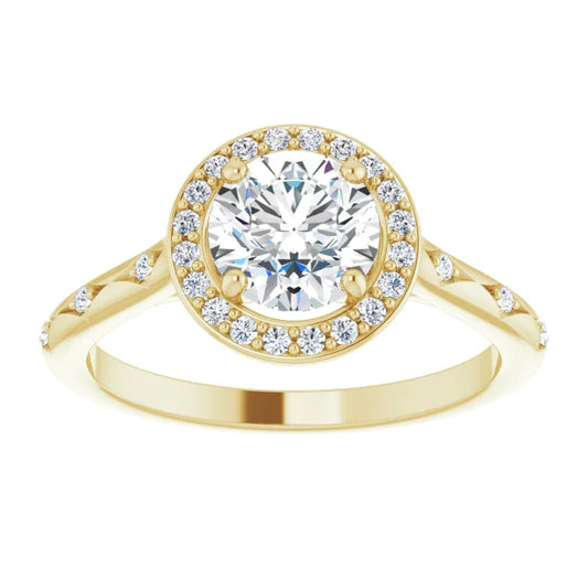 Vintage-inspired round diamond halo engagement ring with petal-accented shank