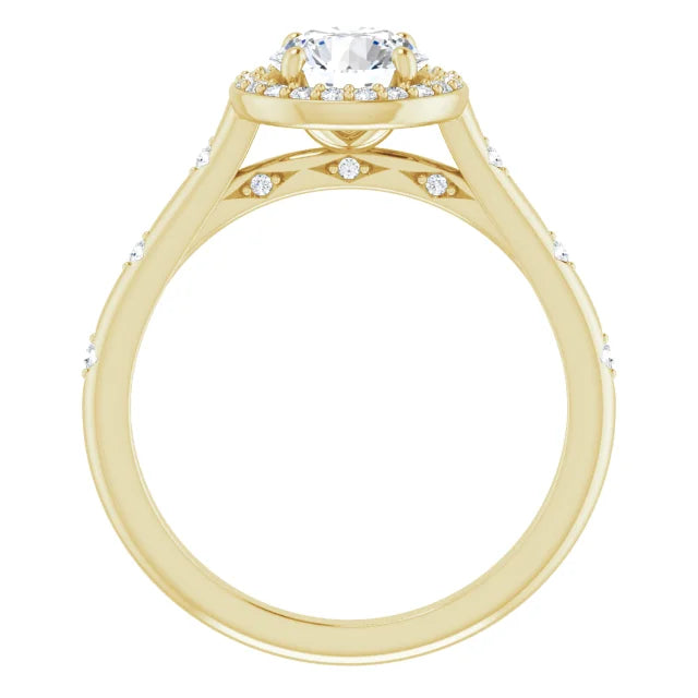 Vintage-inspired round diamond halo engagement ring with petal-accented shank set in Yellow Gold showing under gallery