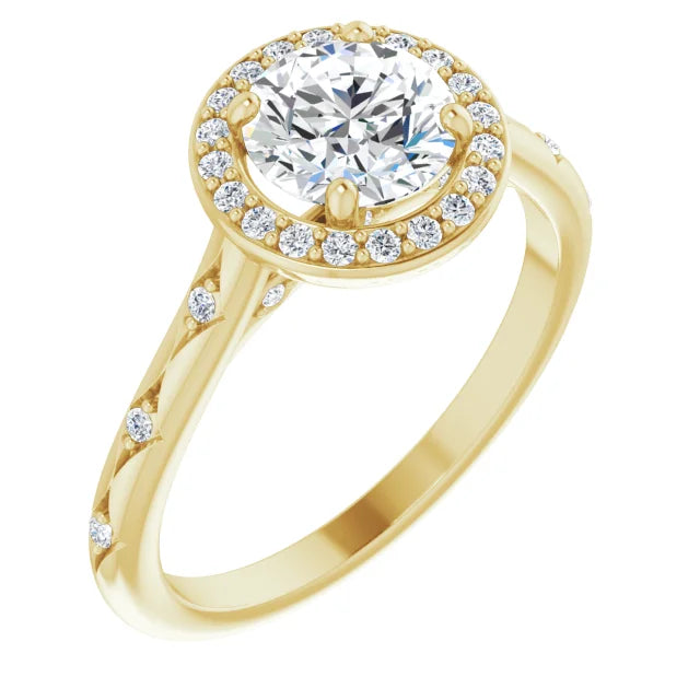 Vintage-inspired round diamond halo engagement ring with petal-accented shank set in Yellow Gold showing halo style and diamond on the Shank