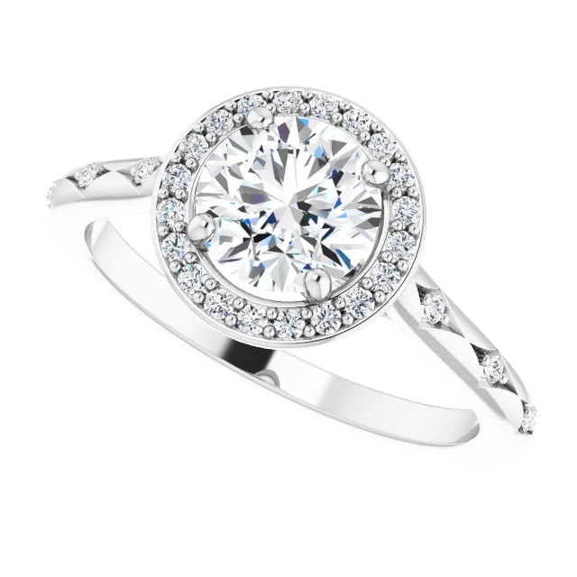 Vintage-inspired round diamond halo engagement ring with petal-accented shank set in platinum