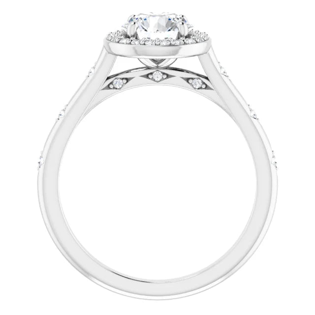 Vintage-inspired round diamond halo engagement ring with petal-accented shank set in platinum showing under gallery