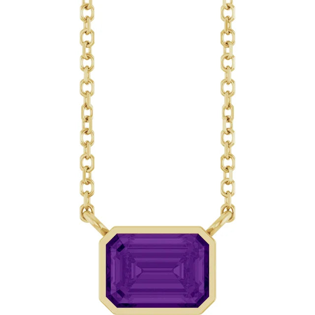 Yellow Gold Amethyst Bezel Set Emerald Cut Birthstone Necklace