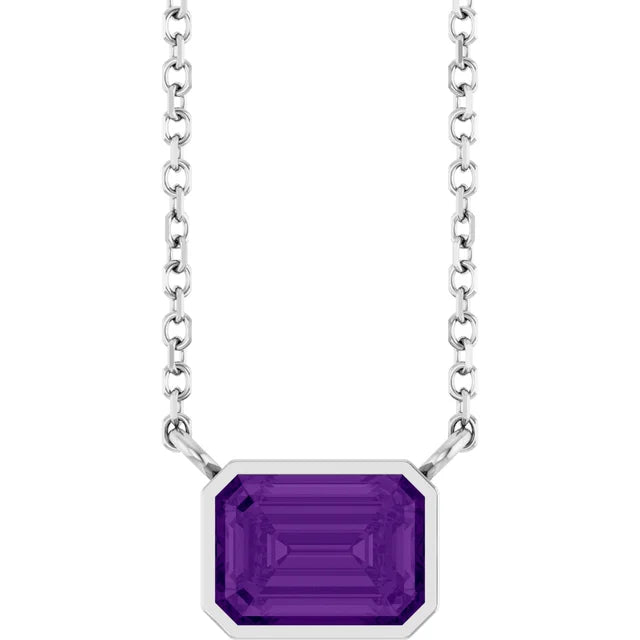 White gold Amethyst Bezel Set Emerald Cut Birthstone Necklace