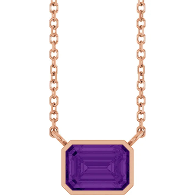 Rose Gold Amethyst Bezel Set Emerald Cut Birthstone Necklace