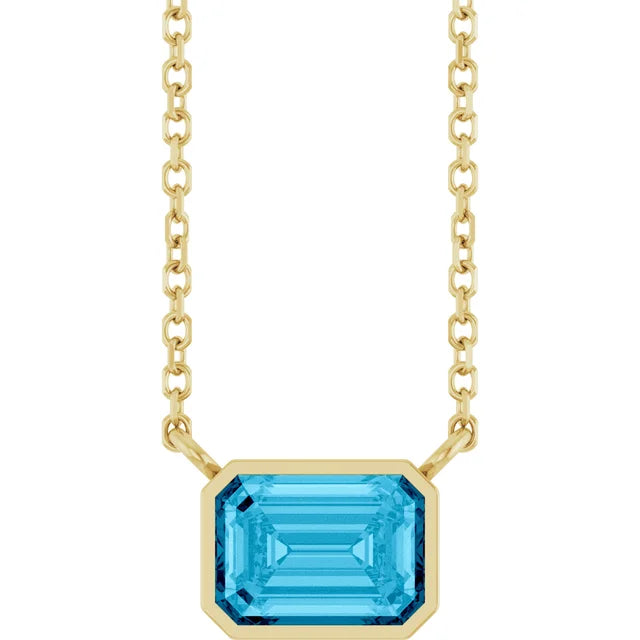 Yellow Gold Aquamarine Bezel Set Emerald Cut Birthstone Necklace