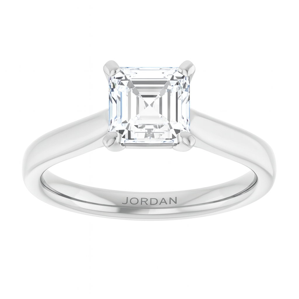 Classic 4-prong Asscher cut solitaire engagement ring in 14K white gold with a 1 carat diamond, step-cut square design with vintage elegance.