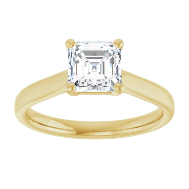 Classic 4-prong Asscher cut solitaire engagement ring in 14K Yellow gold with a 1 carat diamond, step-cut square design with vintage elegance.
