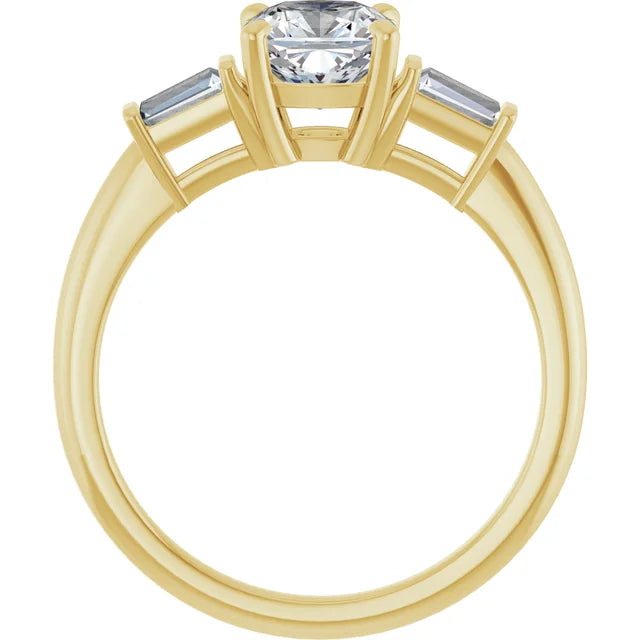 1 CT Cushion and tapered Baguette 3-Stone Diamond Engagement Ring Set in Yellow Gold showing under gallery