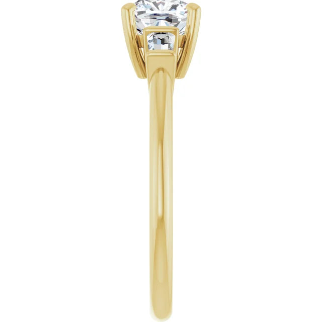 1 CT Cushion and tapered Baguette 3-Stone Diamond Engagement Ring Set in Yellow Gold showing shank from the side