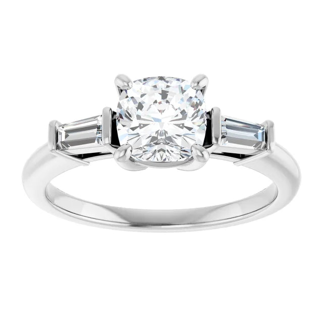 1 CT Cushion and tapered Baguette 3-Stone Diamond Engagement Ring Set in white gold or platinum