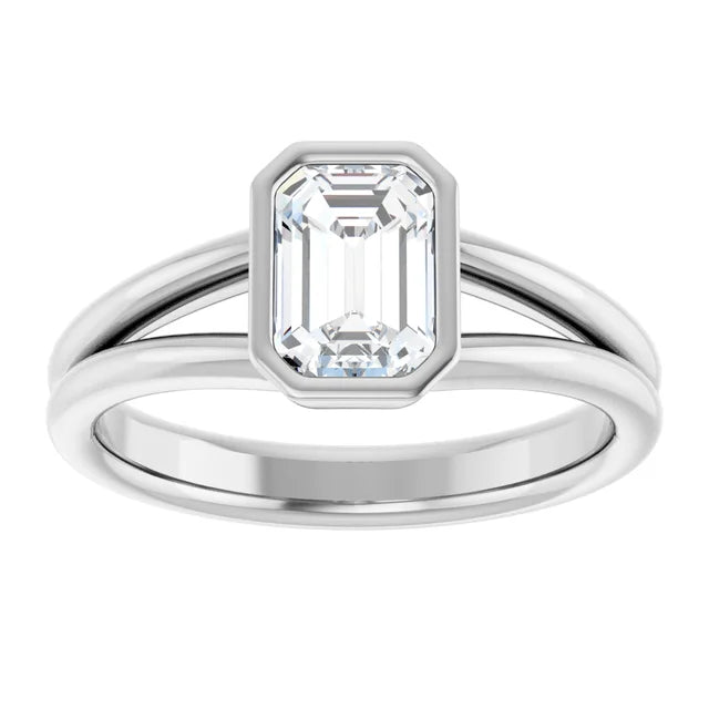 1 CT Bezel Set Split Shank Emerald Cut Diamond Engagement Ring set in white gold or platinum