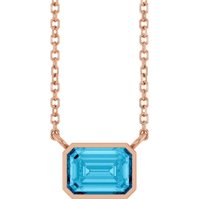 Rose Gold Aquamarine Bezel Set Emerald Cut Birthstone Necklace