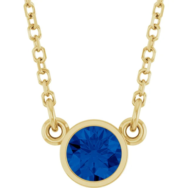 14K Yellow gold Blue Sapphire Birthstone Bezel set Solitaire Necklace