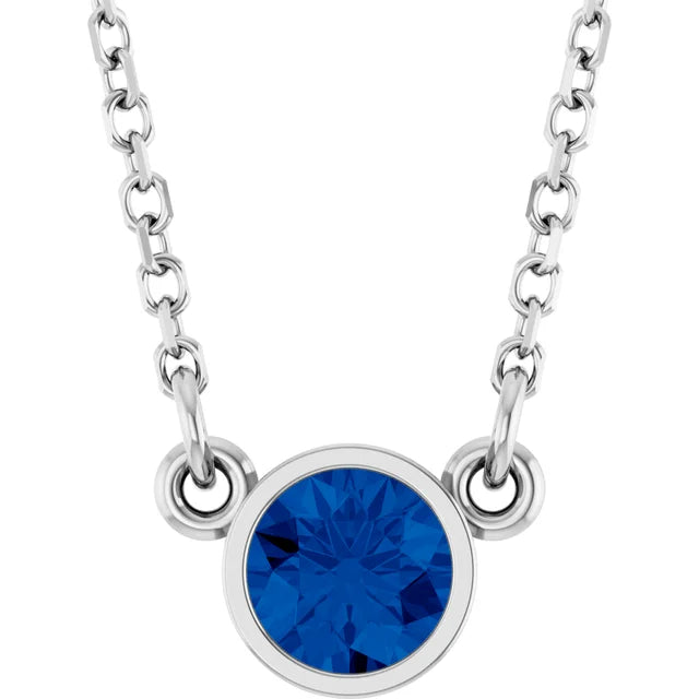 White gold Blue Sapphire Birthstone Bezel set Solitaire Necklace