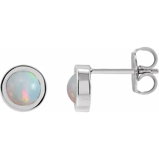 14K White Gold 5 MM Cabochon Natural White Opal Bezel-Set Solitaire Earrings