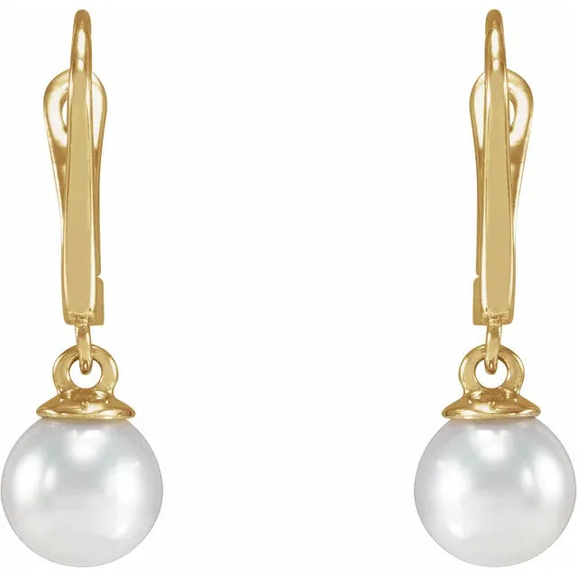 Cultured Pearl Lever Back Dangle Earrings in yellow Gold