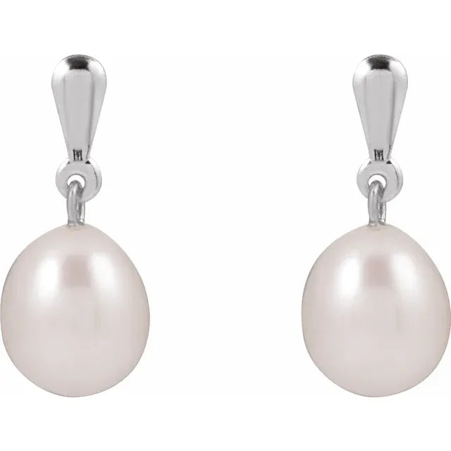 pair of cultured white freshwater pearl drop earrings 8–8.5 mm in 14K white gold