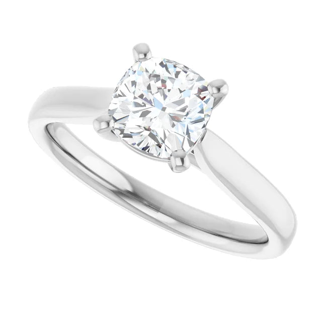 Side Picture for Classic 4-prong cushion cut solitaire engagement ring in 14K white gold with a 1 carat diamond, soft square shape with rounded edges.