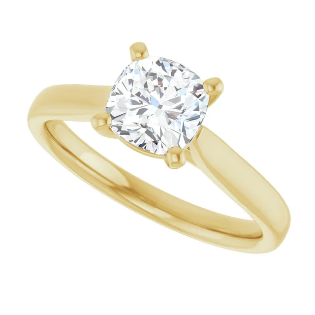 Side Picture for Classic 4-prong cushion cut solitaire engagement ring in 14K Yellow gold with a 1 carat diamond, soft square shape with rounded edges.