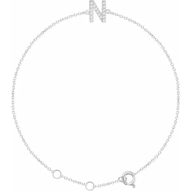 Delicate diamond initial letter N bracelet in solid 14K white gold chain