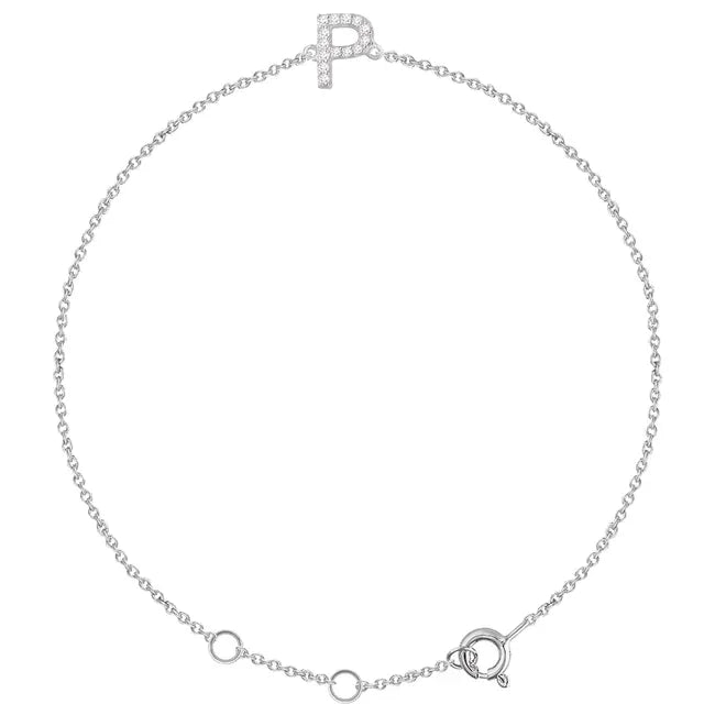 Delicate diamond initial letter P bracelet in solid 14K white gold chain