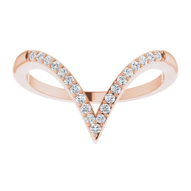 Elegant V-shaped 1/6 CTW natural diamond wedding ring in 14K Rose gold, stackable design.