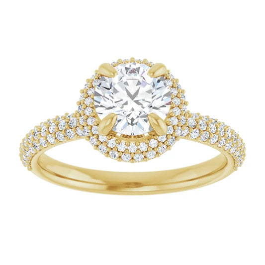 Double halo round diamond engagement ring with claw prongs and bead-set accent diamonds