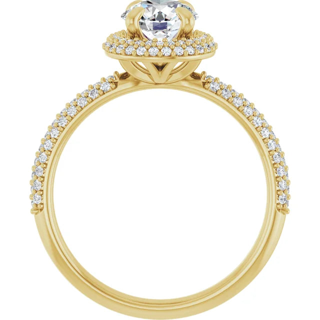 Double halo round diamond engagement ring with claw prongs and bead-set accent diamonds set in Yellow Gold showing Under Gallery