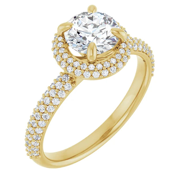 side way picture for Double halo round diamond engagement ring with claw prongs and bead-set accent diamonds