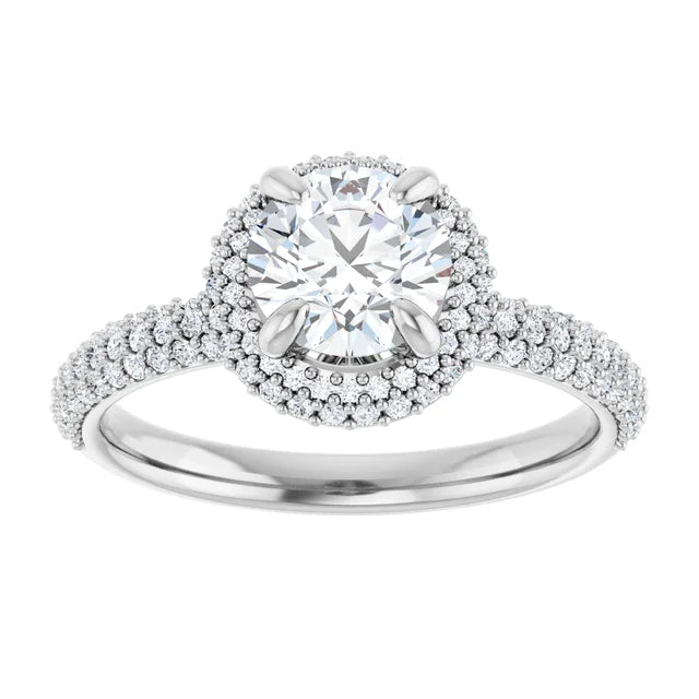 Double halo round diamond engagement ring with claw prongs and bead-set accent diamonds set in White gold