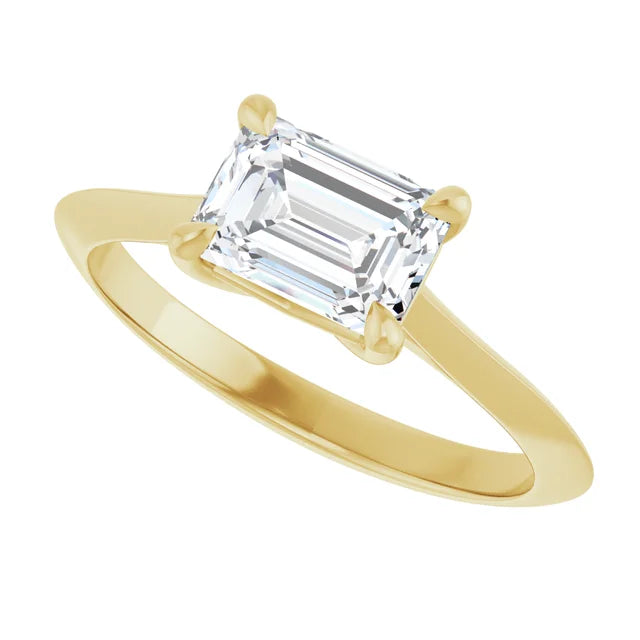 Sideway Picture for 1 CT East West Emerald Cut Diamond Solitaire Engagement Ring Set in Yellow Gold